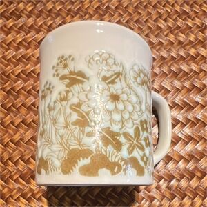 Vintage Japan Embossed Floral Ceramic Coffee Mug Blue Cream Retro Stoneware